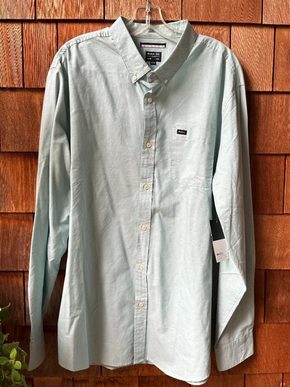 NWT RVCA Green Oxford Slim Fit Button Front Long Sleeve Shirt in Men's XXL